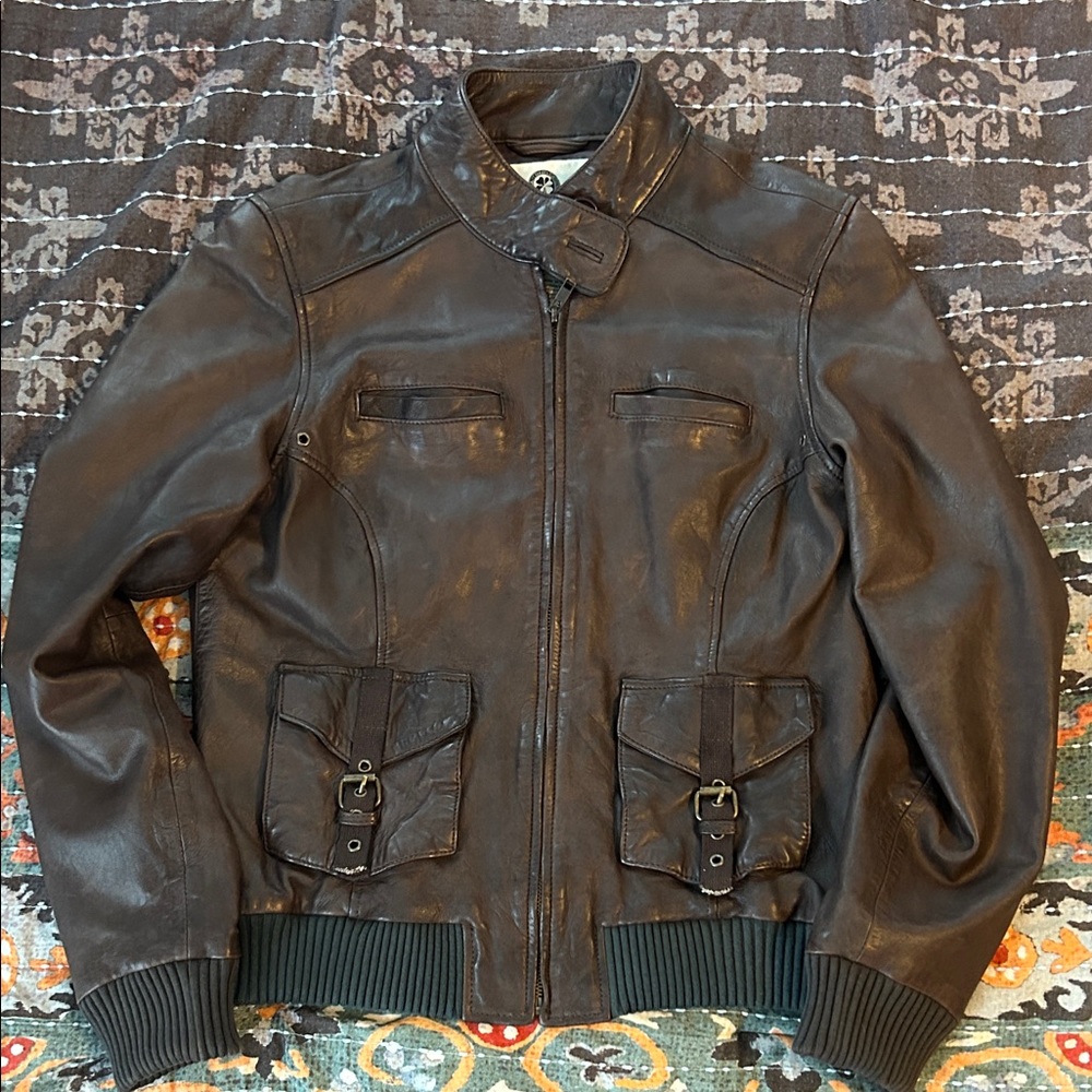 Lucky Brand Dark Brown Leather Bomber Jacket